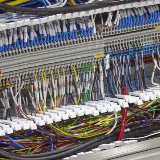 Multi-colored wires, labeled and organized.