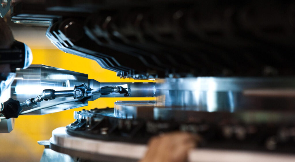 Close up of friction stir welding machine in action