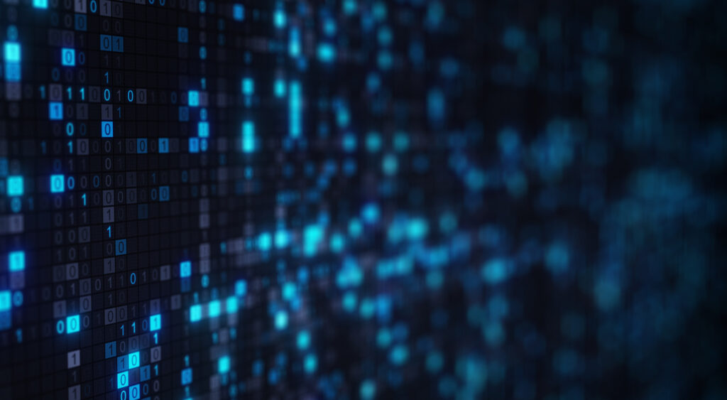 Blue binary code on a black background