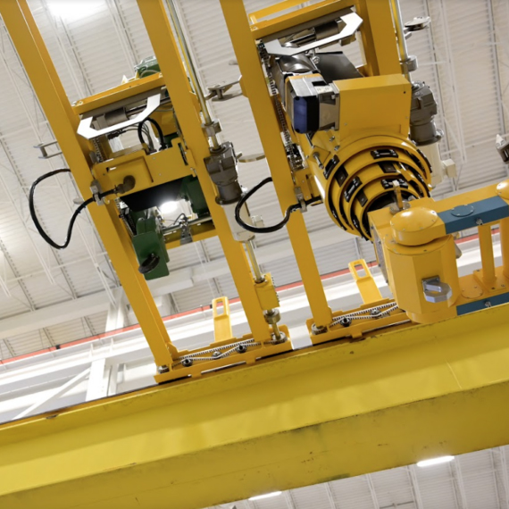 Underside view of the trolley in a crane.